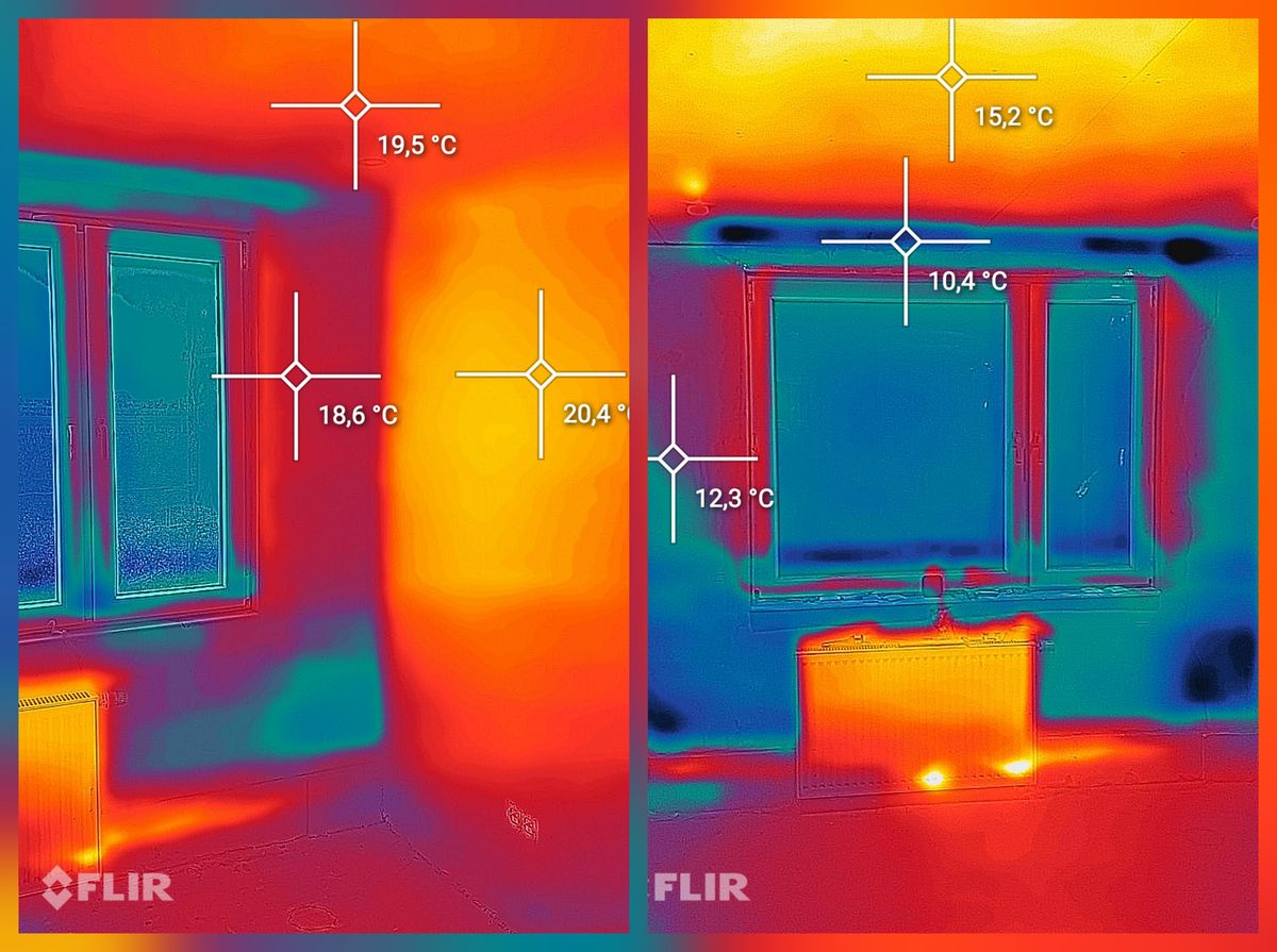 Dy figura termike të një dhome banimi pranë njëra-tjetrës. Djathtas pika të ftohta matjeje me 15,2, 10,4 dhe 12,3 gradë te muri dhe traversa e dritares, majtas e njëjta pikë me 19,5, 18,6 dhe 20,4 gradë.